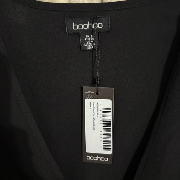 NWT boohoo Long Sleeve Tiered Smock Dress | Black | Tie Front | New | US 4 - Picture 5 of 5